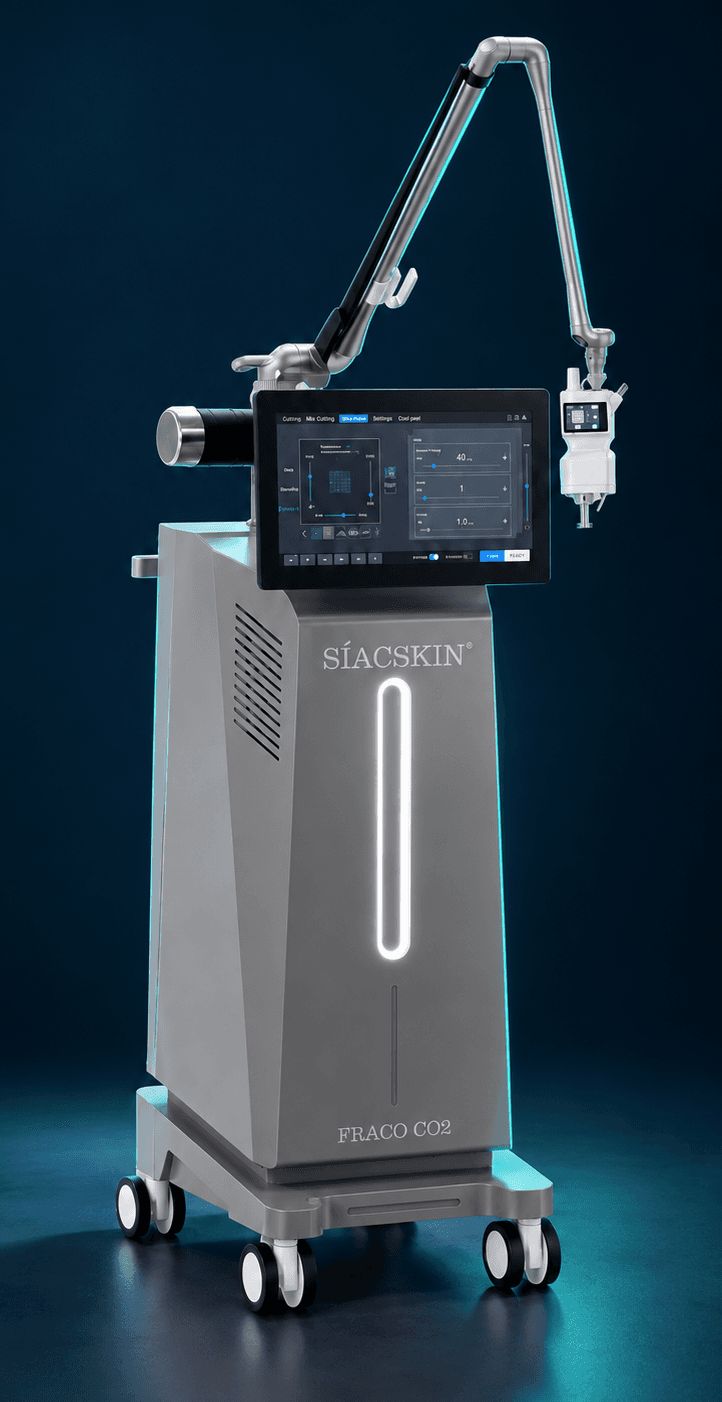 Symbolische, computergenerierte Illustration eines fraktionierten CO₂-Lasergeräts in Navy- und Türkistönen